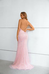 Long Sequins Pink Halter Neckline Formal Prom Evening Dress EN5616